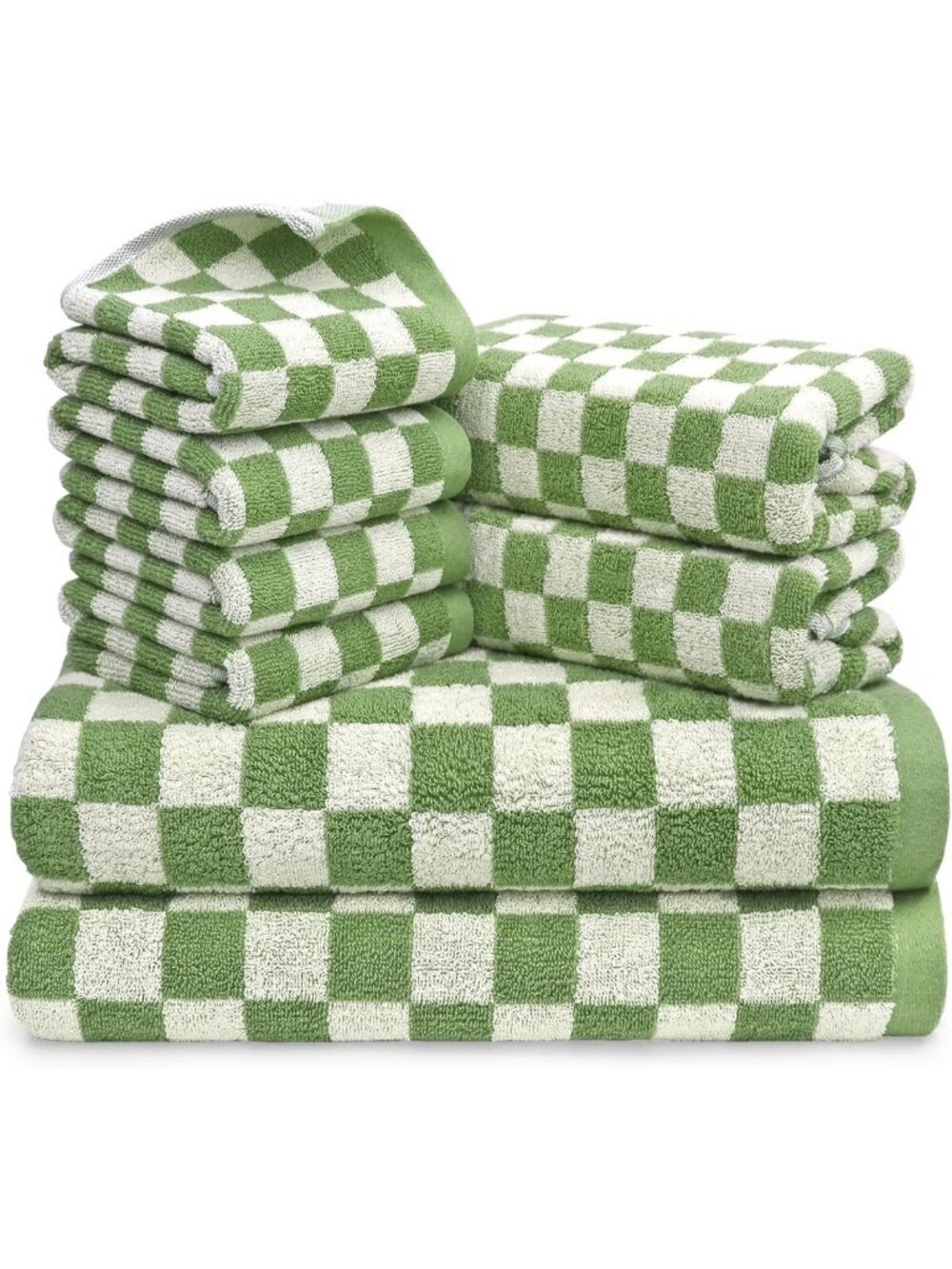 Set of 8 Green Checkered Cotton Towels for Bathroom | Soft & Absorbent
